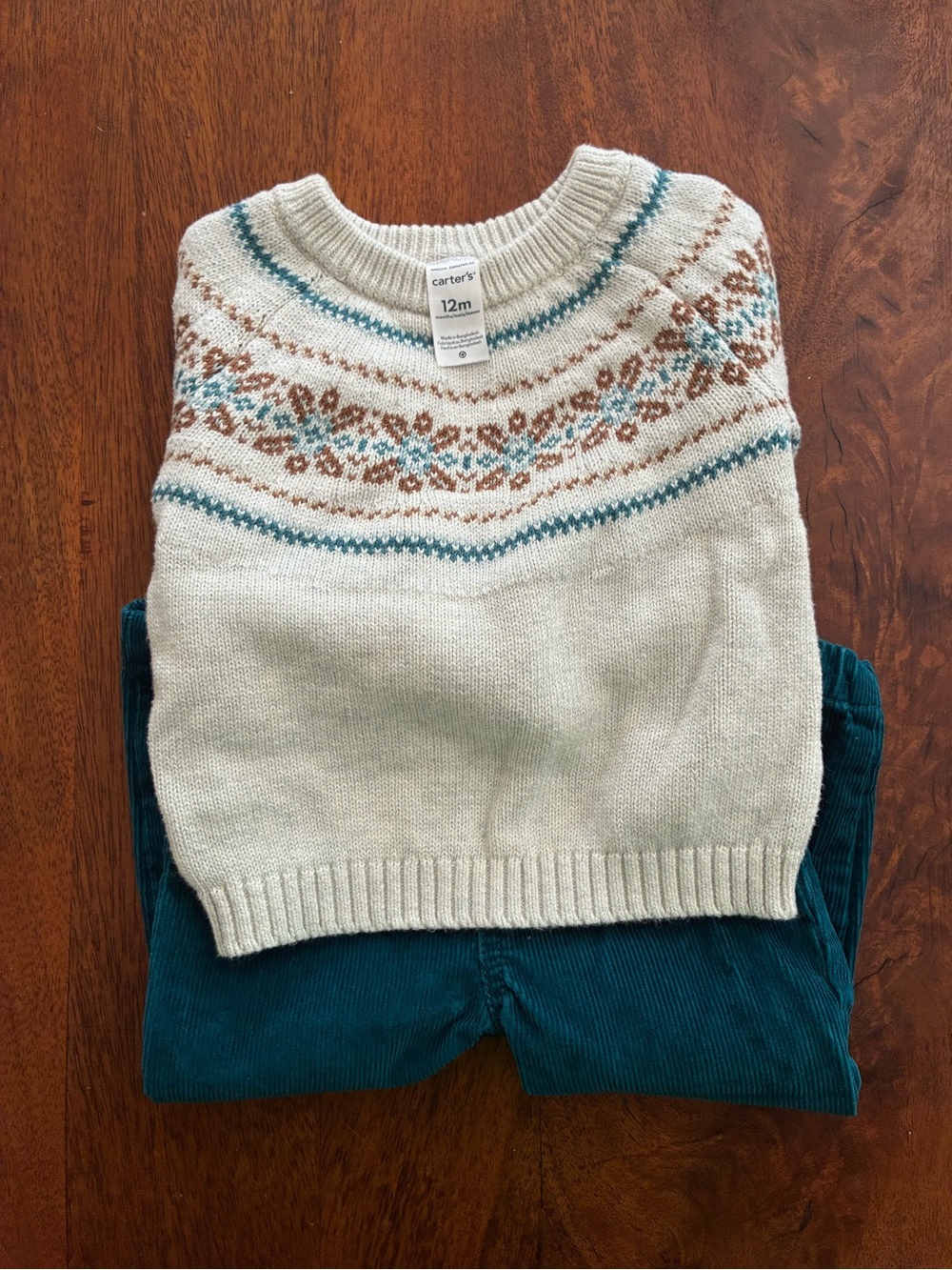 Carter's Cream Fair Isle Pullover with Teal and Brown Accents
